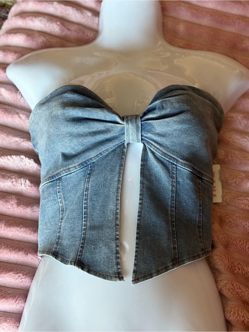 Strapless Bow Denim Bustier Top in Washed Blue